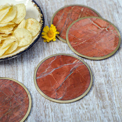 Audrey Coaster Set of 4 Red stone with brass ring - Home4u Audrey Coaster Set of 4 Red stone with brass ring - Home4u