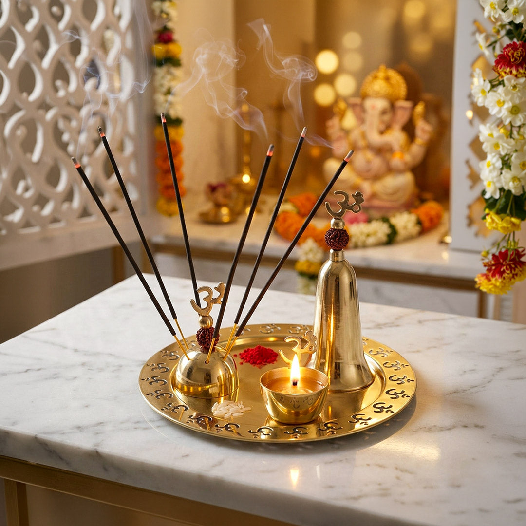 Om Pooja Thali Set in Gold