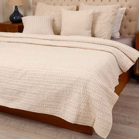 Ashen Pearl Kantha Queen Size Quilt