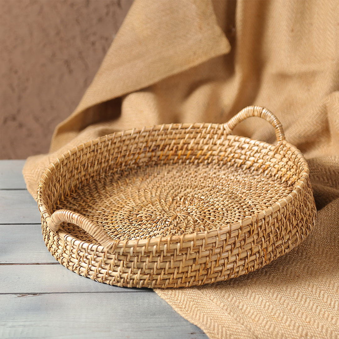 Aspen Rattan Round Tray with Handle