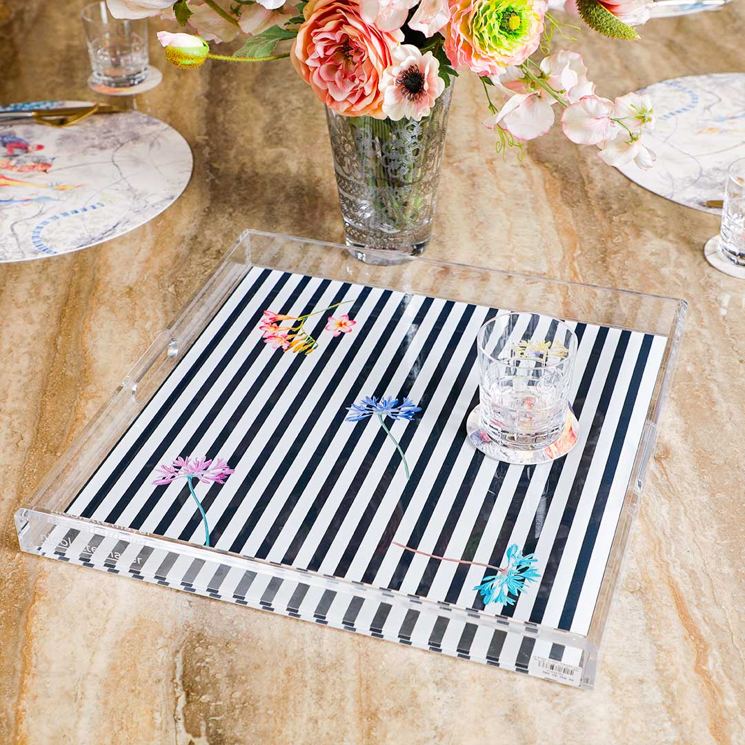 Nicolette Mayer Black Floral Stripes 18 x 18 Acrylic Tray