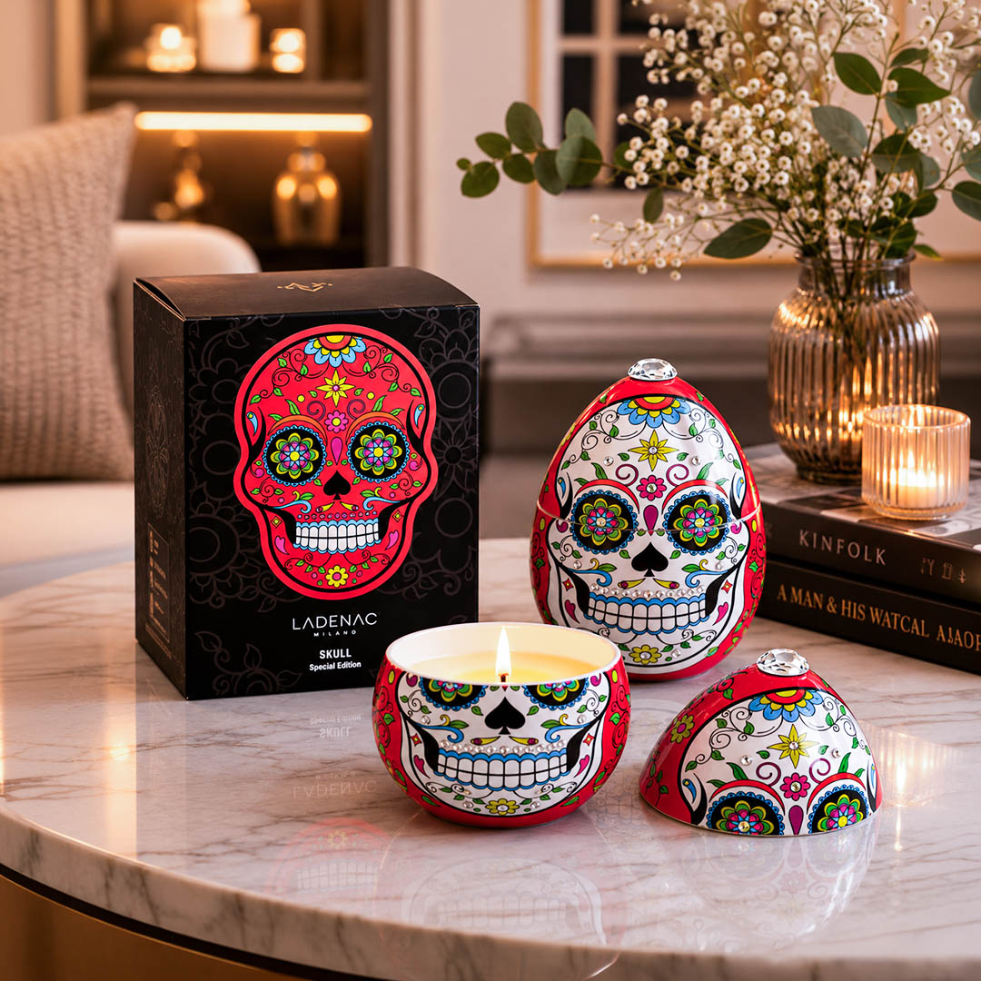 Ladenac Red Skull Candle In Ceramic Egg