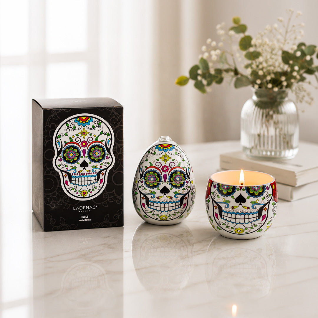 Ladenac White Skull Candle In Ceramic Egg
