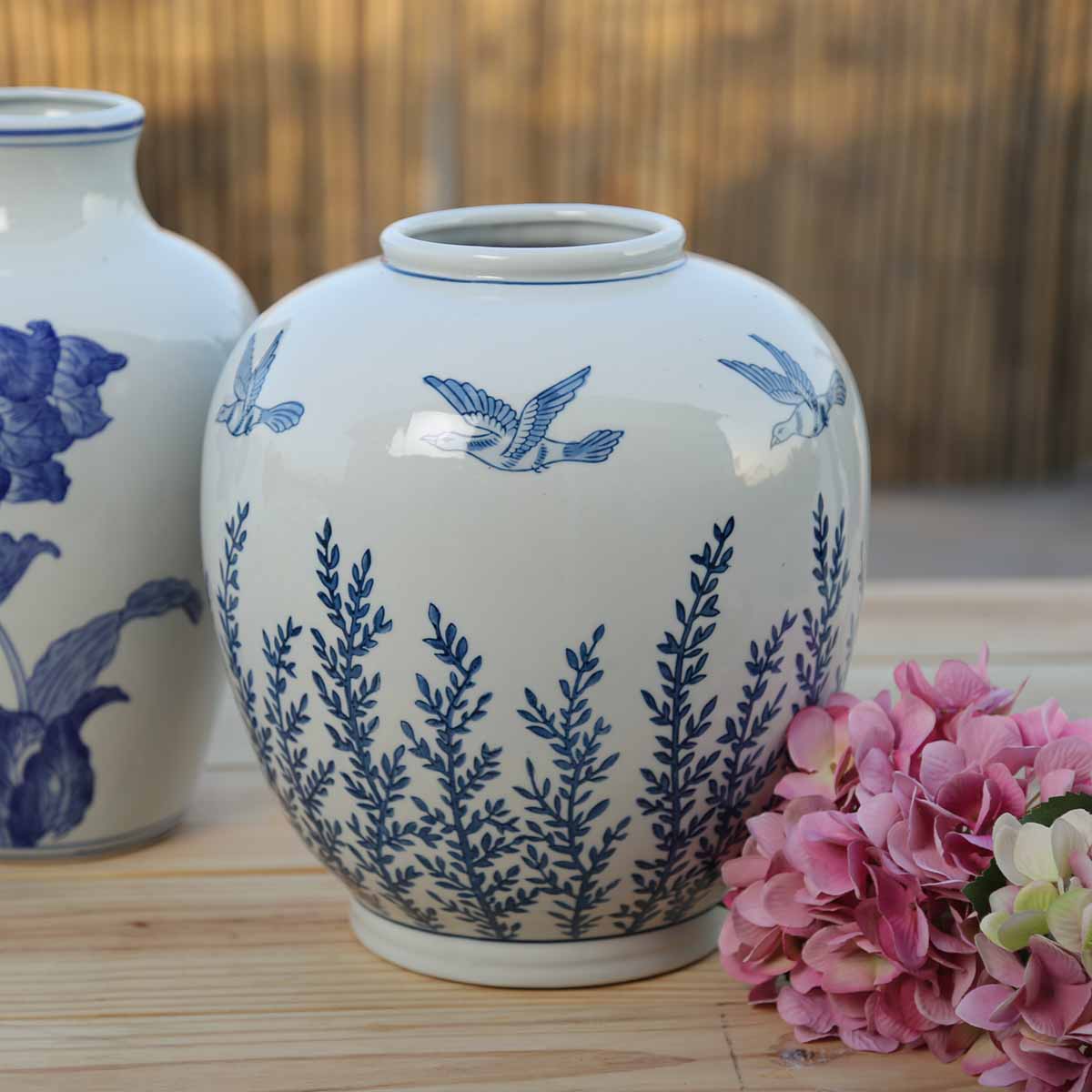 Birds Flying Blue Porcelain Vase