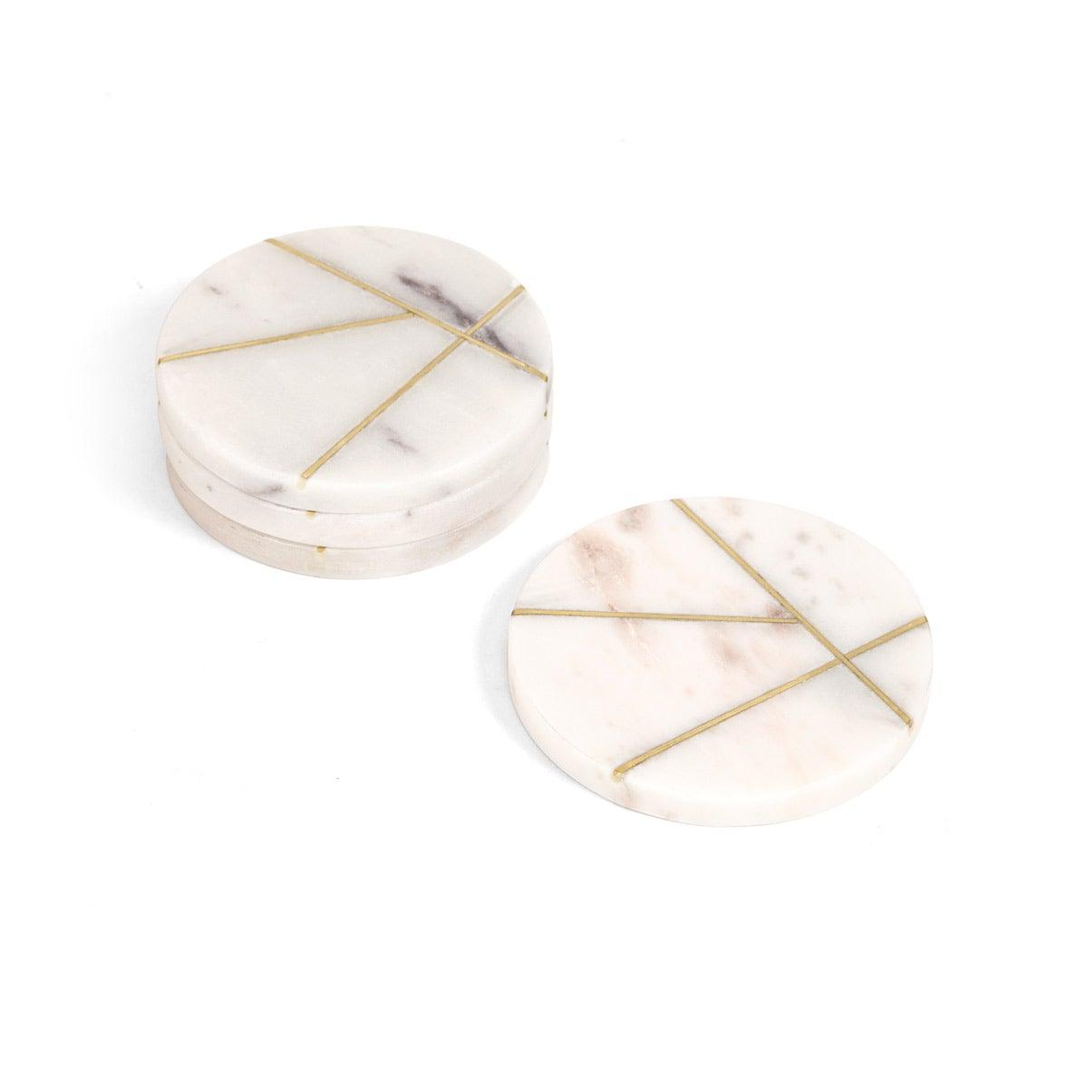Audrey Round Coaster Set of 4 White Marble with brass stripes