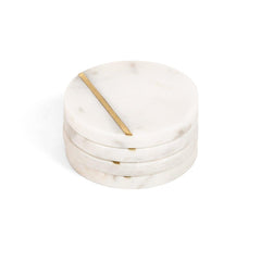 Audrey Round Coaster Set of 4 White Marble with brass single stripes