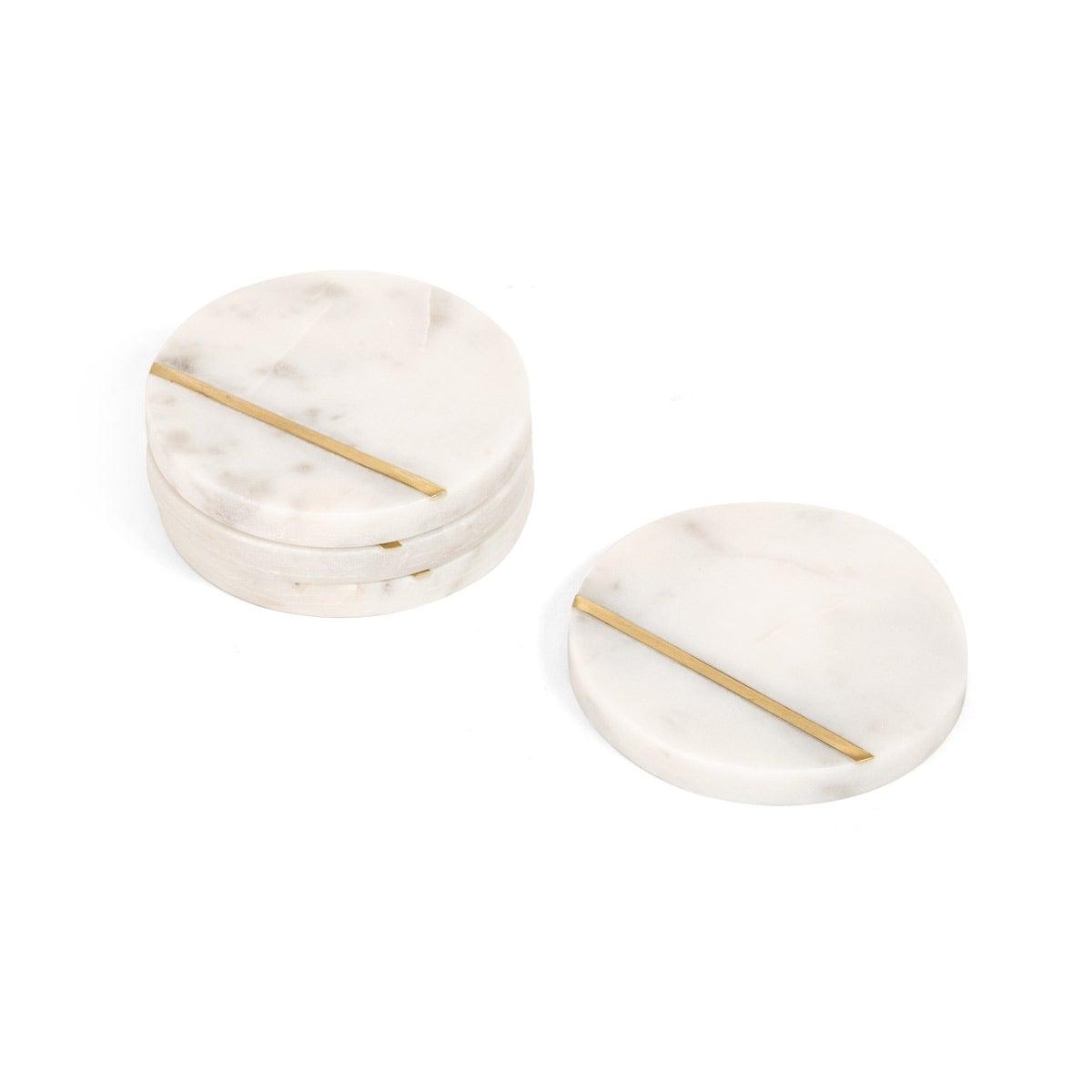 Audrey Round Coaster Set of 4 White Marble with brass single stripes - Home4u