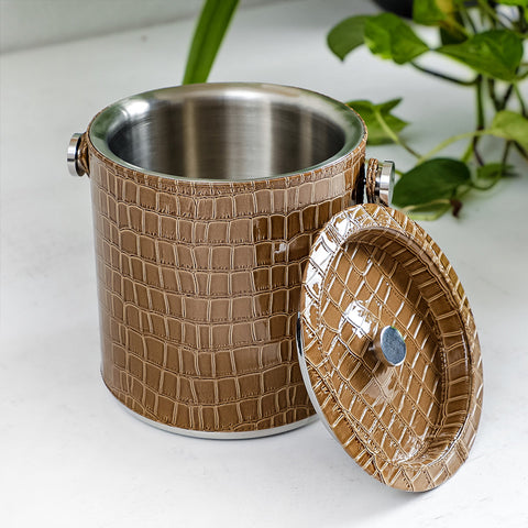 Tan Leather Ice Bucket With Tong