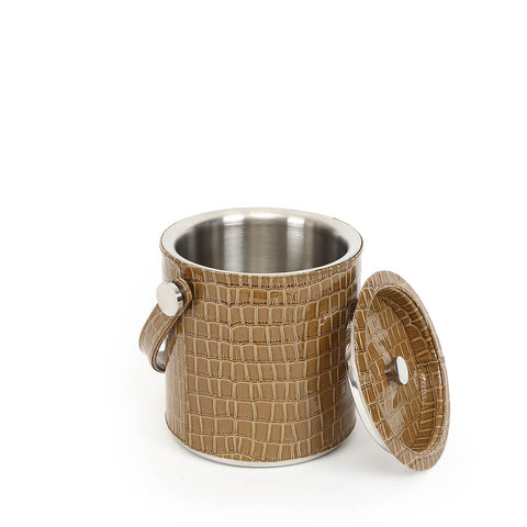 Tan Leather Ice Bucket With Tong