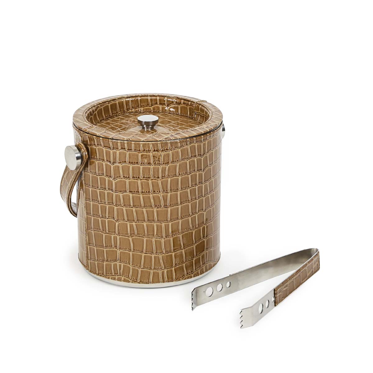 Tan Leather Ice Bucket With Tong